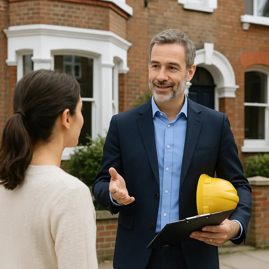 London Party Wall Surveyor from Hourican & Associates providing expert advice to a homeowner outside a Victorian terraced house.