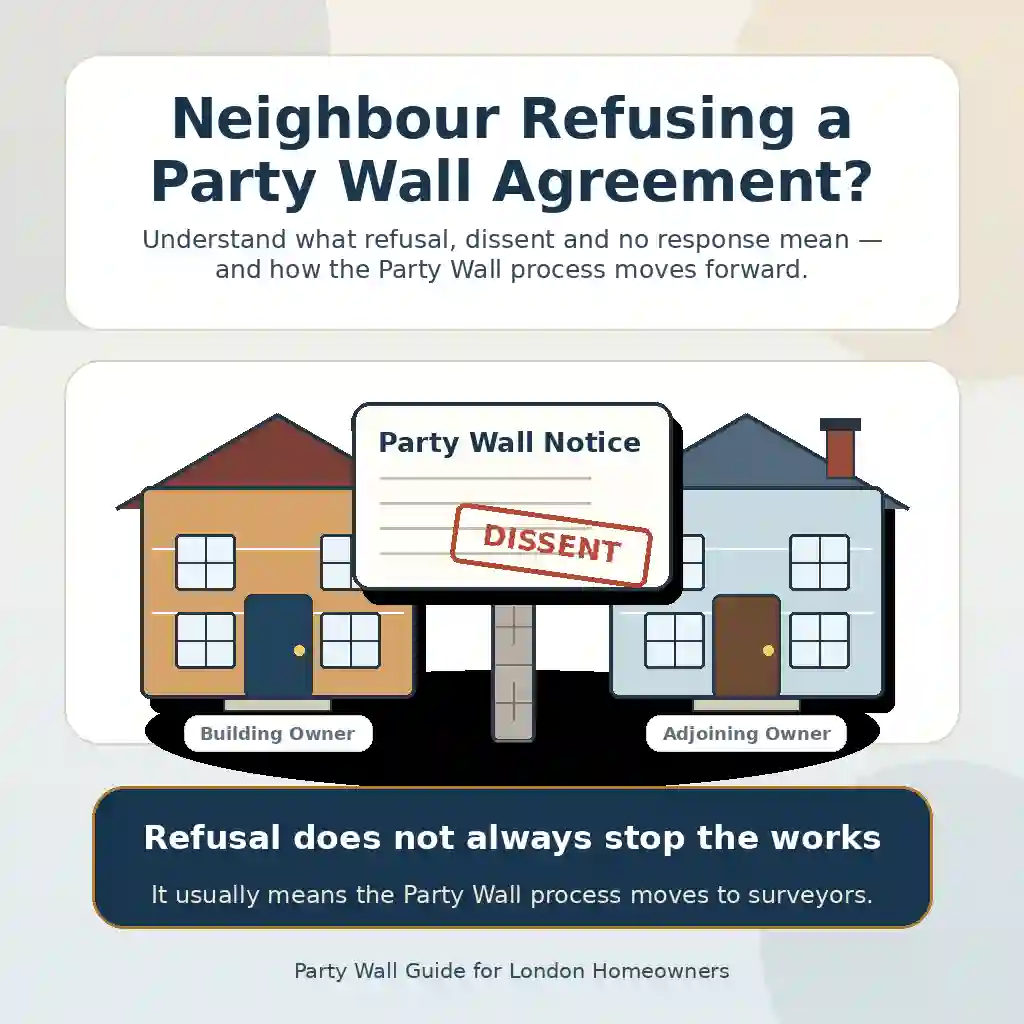 Neighbour refusing a Party Wall Agreement? Refusal doesn’t always mean your project has to stop. Learn what dissent, no response and surveyor appointments mean under the Party Wall Act.