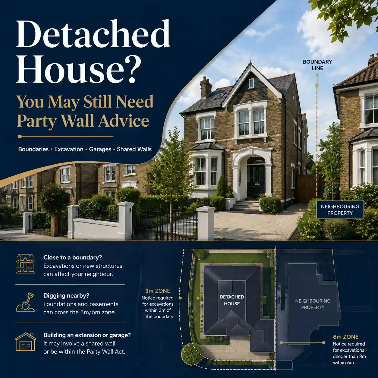 Detached London house with boundary and excavation markers explaining when Party Wall Notices may still apply
