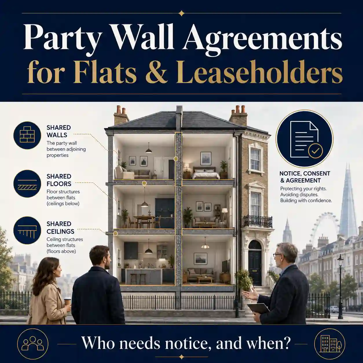 London flats and leasehold properties showing party structures between floors and adjoining owners
