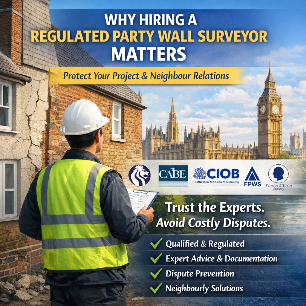 Regulated party wall surveyor in London: RICS, CABE, CIOB, FPWS, Pyramus & Thisbe Society