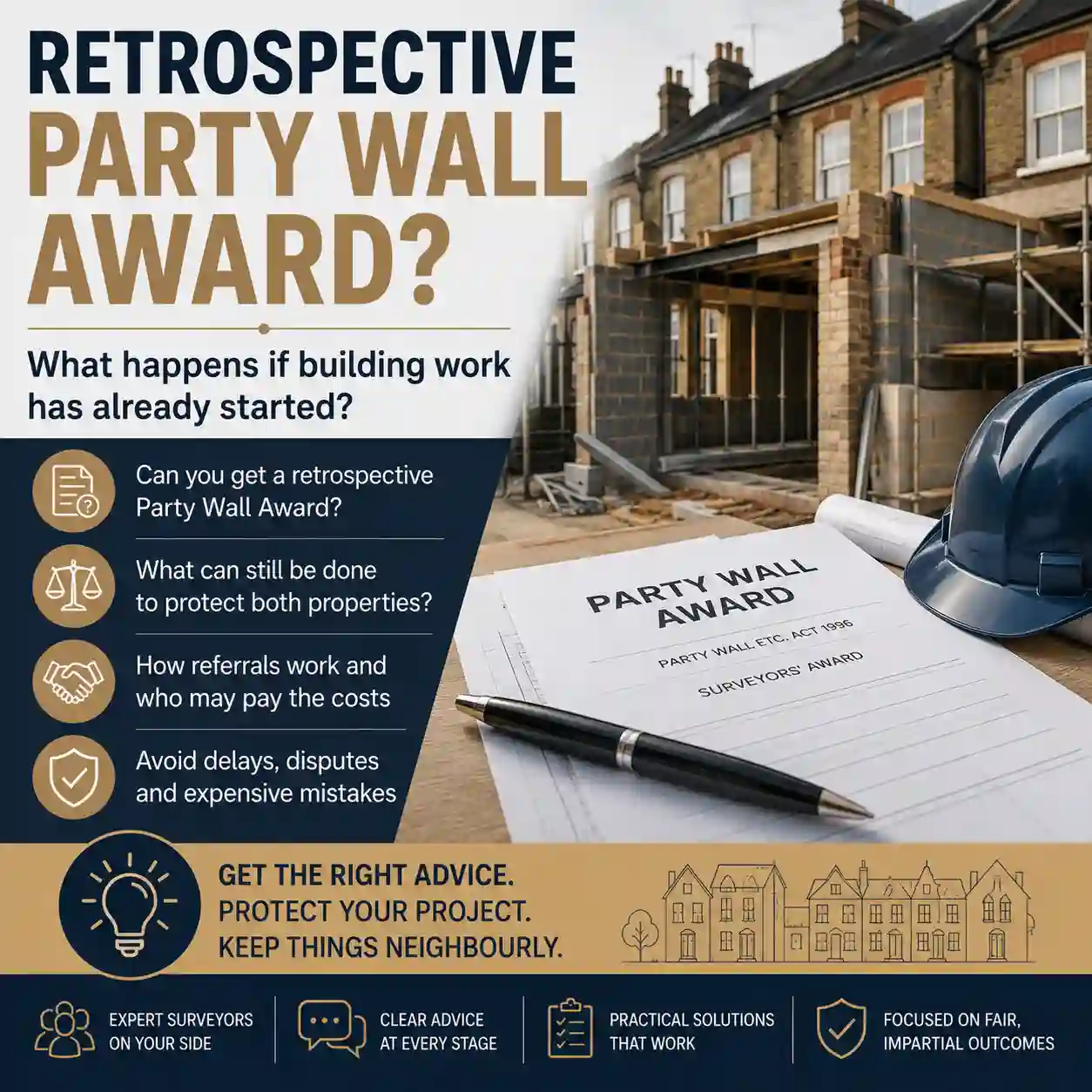 London adjoining properties and Party Wall documents illustrating advice after building work has started without notice