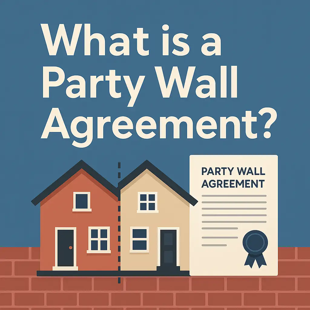 Illustration of two adjoining houses with a dashed boundary line and a Party Wall Agreement document, representing legal requirements under the Party Wall Act in London.
